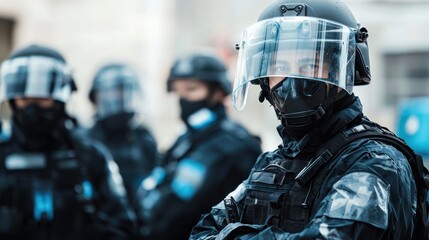 A police officer in full gear, standing in front of a crowd, with other officers in the background.