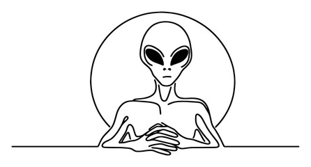 vector drawing of an alien humanoid sitting at a table, black and white minimalist sci-fi illustration
