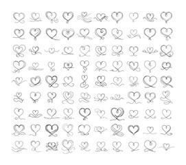 vector set of hand drawn heart icons in minimalist one line black and white style