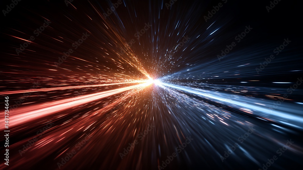 Poster abstract light trails emanating from a central point showcasing contrasting colors red and blue for 