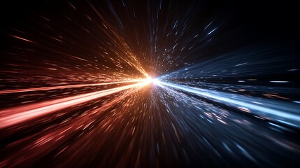 Abstract light trails emanating from a central point showcasing contrasting colors red and blue for a dynamic backdrop