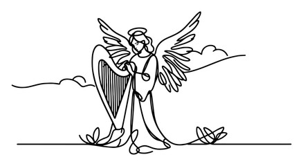 black and white line art vector of an angel playing harp in clouds