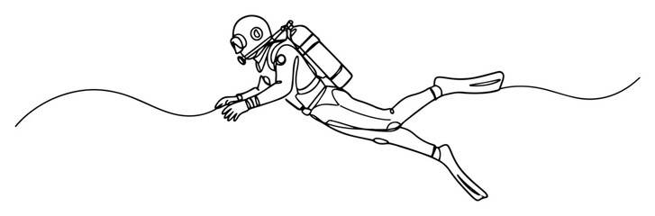 vintage diver in full gear line drawing, underwater scuba exploration vector in black and white