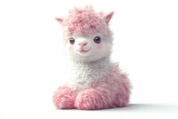 A fluffy, adorable pink and white alpaca plush toy with big eyes sits sweetly on a white surface.