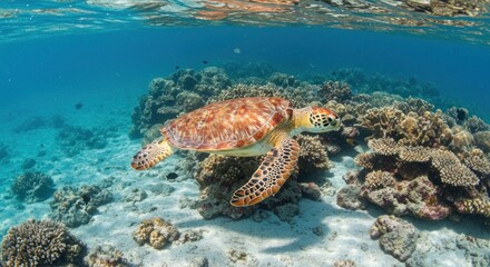 Fototapeta premium A sea turtle swims peacefully above vibrant coral reefs, surrounded by colorful marine life in the clear tropical waters.