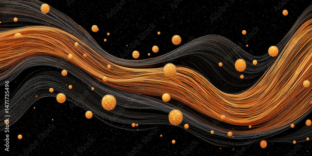 Poster abstract image of flowing golden and black strands with scattered spheres, creating a luxurious and 