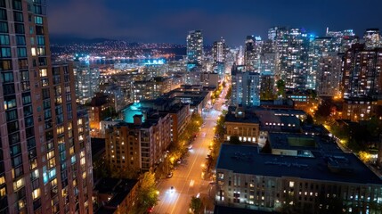 Obraz premium Overhead view of a busy city center at night, illuminated by bright streetlights and the glow of high-rise buildings in the distance