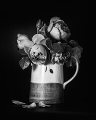 Black and white image of a jug with olive motif full of  roses in bloom