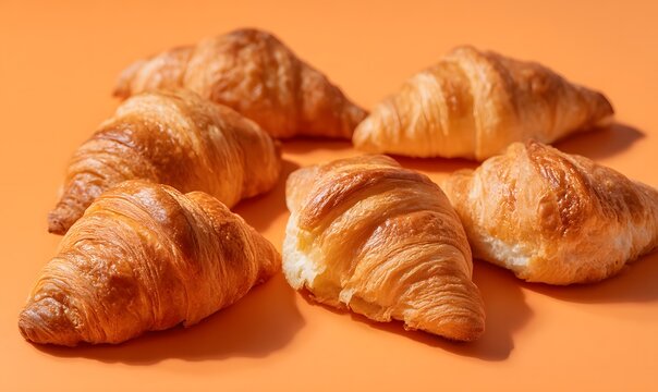 flat lay of multiple croissants editorial photo on a orange background, Generative AI