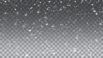 Winter snow flakes background. Blizzard transparent texture. 