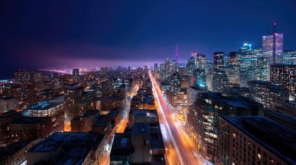 Obraz premium Panoramic view of a vibrant city at night from above, with streets lined with shimmering lights and skyscrapers glowing under the night sky