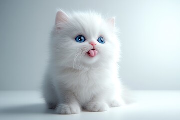 A fluffy white kitten with striking blue eyes playfully sticks its tongue out, creating a charming and whimsical scene.