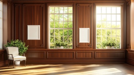 Fototapeta premium Elegant, sun-drenched room with paneled walls and large windows.