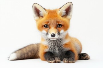A charming and photorealistic portrait of a young red fox cub resting against a white background.