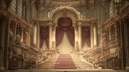 Naklejka premium Ornate staircase with red carpet and gold decorations in a grand hall.