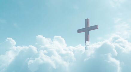 A heavenly view of a wooden cross symbolizing Jesus Christ, illuminated by divine light in a cloud-filled sky, with room for a religious banner or text