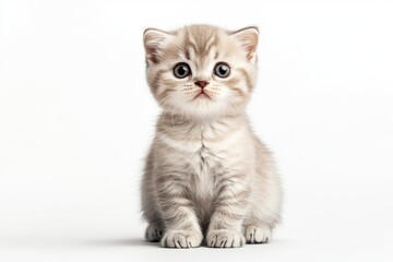 Fototapeta premium Adorable grey tabby kitten sitting upright on a white background, looking directly at the viewer with large, captivating eyes.