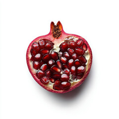 A halved pomegranate showcasing its juicy red seeds spilling out, isolated on a white background