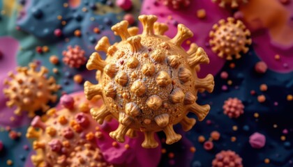 Detailed Microscopic Visualization of Coronavirus Particle on Colorful Abstract Background