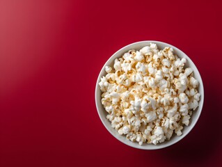 Freshly popped popcorn fills a white bowl, elegantly placed against a vibrant crimson background, creating a simple yet inviting composition for snack time.