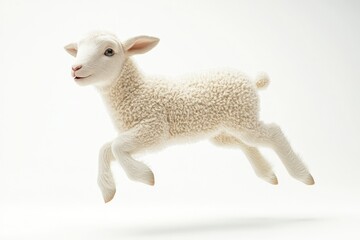 Fototapeta premium A cute, fluffy lamb is depicted mid-jump against a bright white background, showcasing its innocent charm.