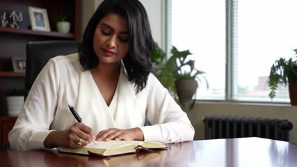 Woman writing in journal at office desk with plants and window view during daytime