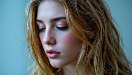 Obraz premium Elegant Close-Up Portrait of a Young Woman with Blonde Hair and Serene Expression