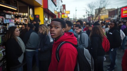 Urban Street Scene: A Young Man Amidst a Crowd
