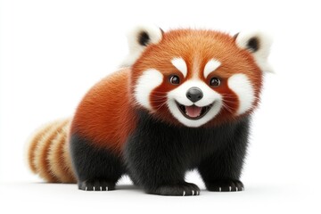 Fototapeta premium Adorable red panda with a fluffy tail, smiling and standing on a clean, white background, showcasing its unique fur.