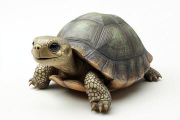 Naklejka premium Detailed portrait of a tortoise featuring its patterned shell, scaly skin, and sharp claws against a bright white background.