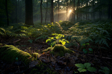 Young Plant on Mossy Forest Floor