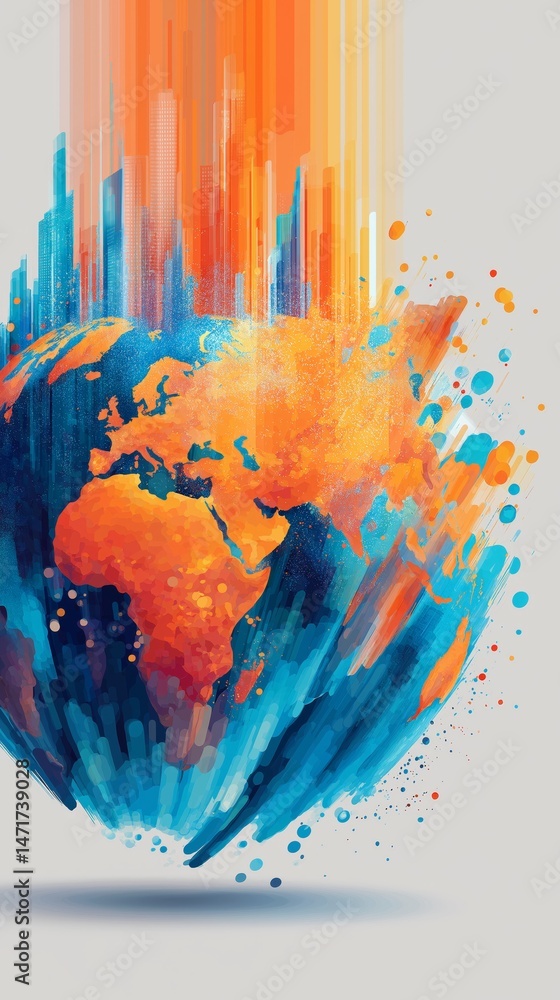 Poster a colorful globe shows the continents and oceans as abstract designs against a simple light backgrou