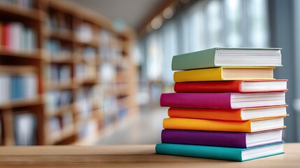 Fototapeta premium Stack of colorful educational books on a table in front of blurred shelves, suggesting focus and learning