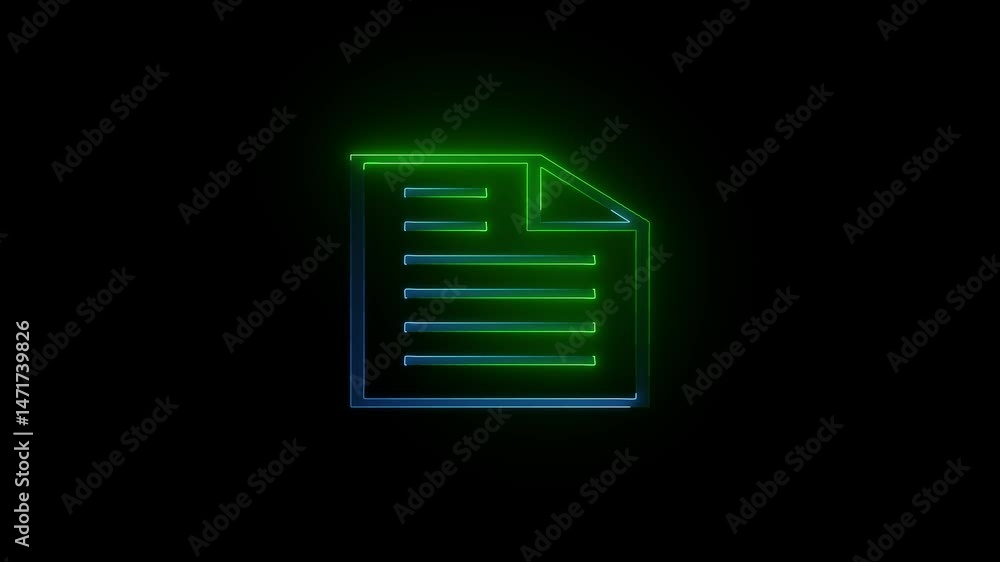 Poster neon icon of a document or text file animation on a background.