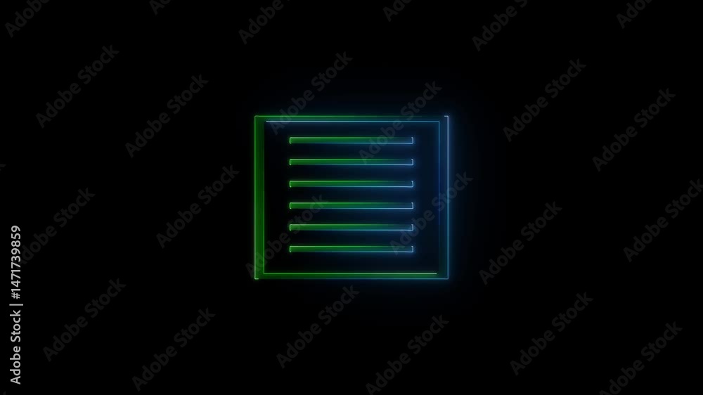 Poster neon icon of a document or text file animation on black background 4k.