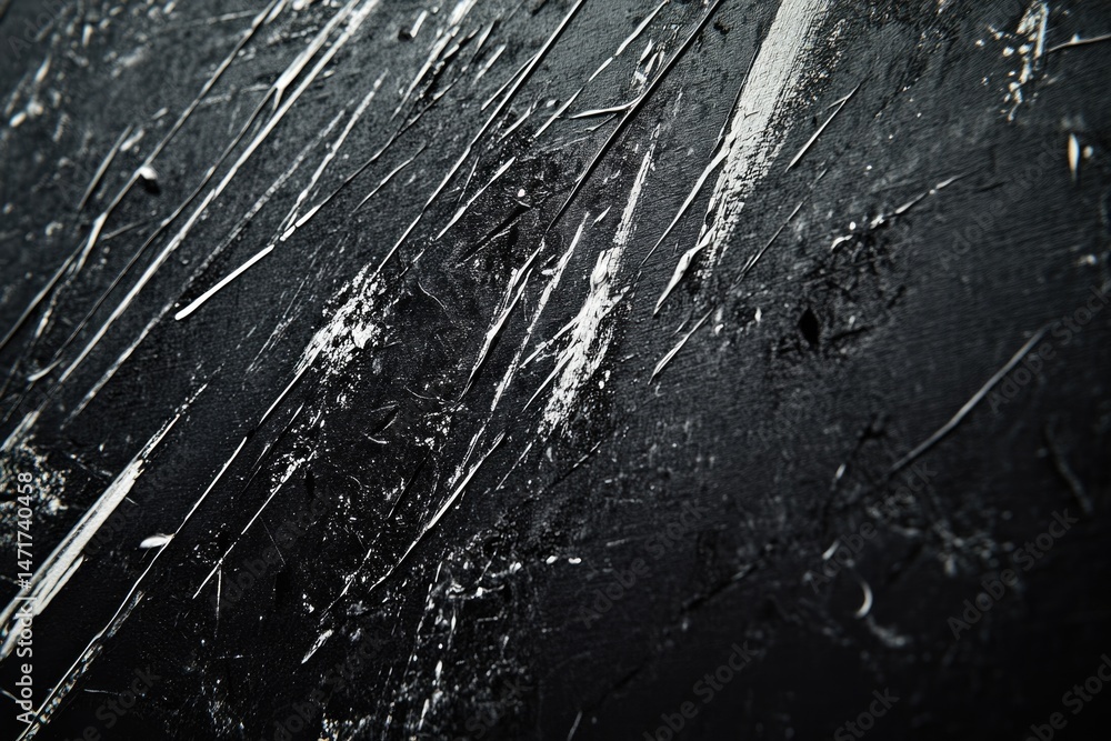 Poster a black textured background with diagonally-placed white brush strokes, creating a dynamic and abstr