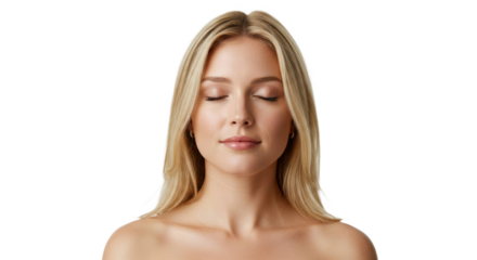 Woman Meditating Close-up, Isolated on a transparent background, Mindfulness, Serenity, Yoga Pose, Calm, Wellness, Spiritual Practice, Relaxation, Peaceful, Health
