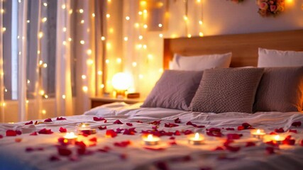 Beautiful bedroom with rose petals, candles, and fairy lights. Romantic atmosphere