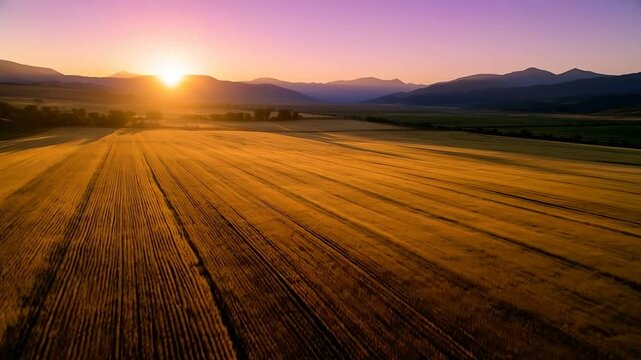 Golden Wheat Field Sunset Over Mountain Range