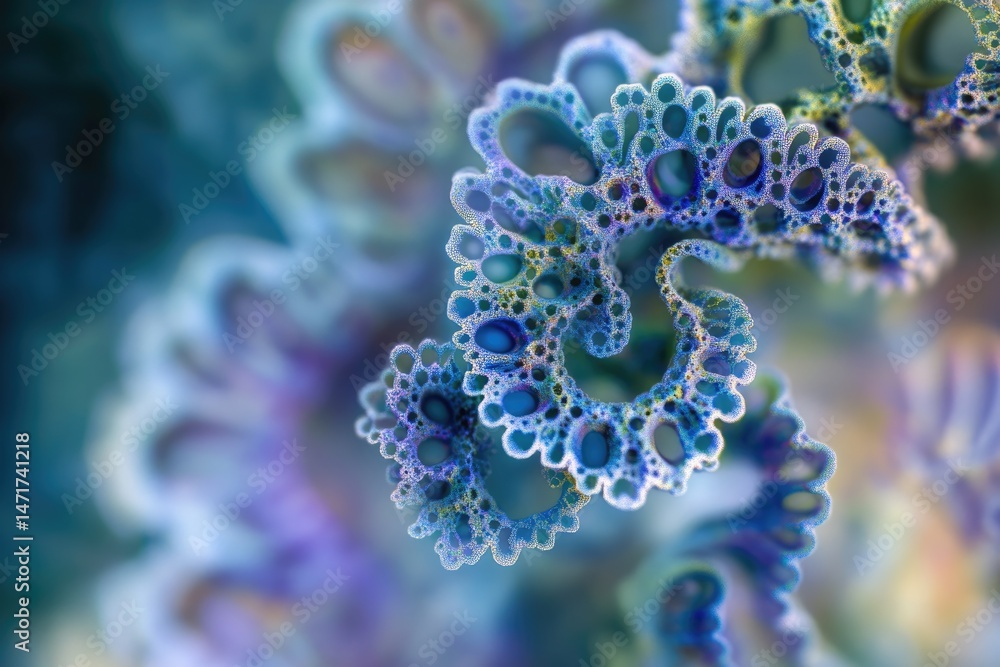 Poster intricate fractal artwork in shades of blue and white, displaying complex patterns and mesmerizing, 