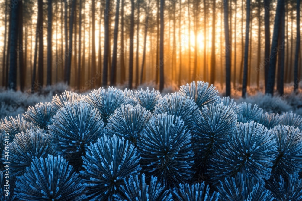 Poster a serene winter forest scene featuring frost-covered plants in the foreground and the sun setting be