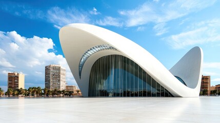 Obraz premium A modern, white, futuristic building with a curved, glass facade and a large, open atrium, set against a clear blue sky with scattered clouds.