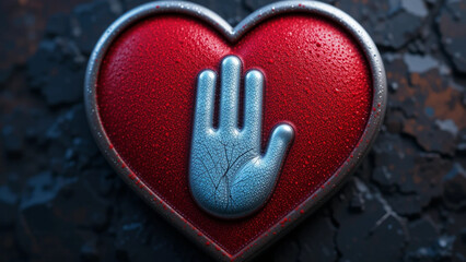 Close-up of a metallic heart-shaped object with a raised stop sign hand on it.