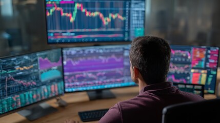 Male financial analyst reviewing stock market charts and performance forecast on digital screen in modern office setting