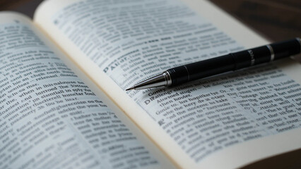 Close-up of an open book, showcasing a dictionary definition with a black pen resting on the page.