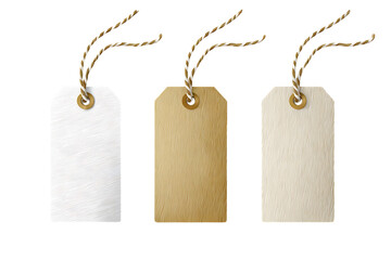 Three textured blank tags with string attached on transparent background