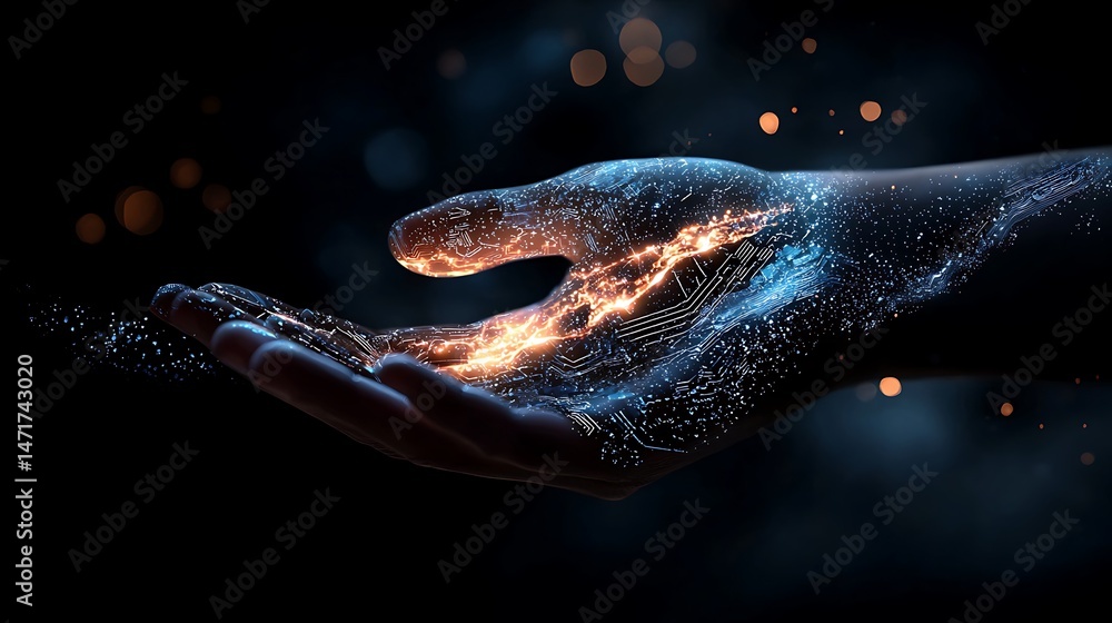 Aufkleber glowing abstract circuit pattern in a hand