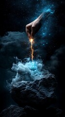 Fototapeta premium Hand Creating Light Spark Above Smoky Rock Against Dark Night Sky