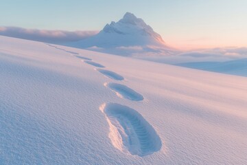 A snowy mountain landscape with distinct footprints leading towards a majestic, snow-covered peak under a pastel-colored sky.