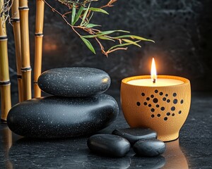 Zen-like arrangement of stones, bamboo, and candle
